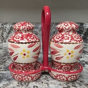 Temp-tations Red and Cream Old World Ceramic Salt and Pepper Shakers w/ Caddy